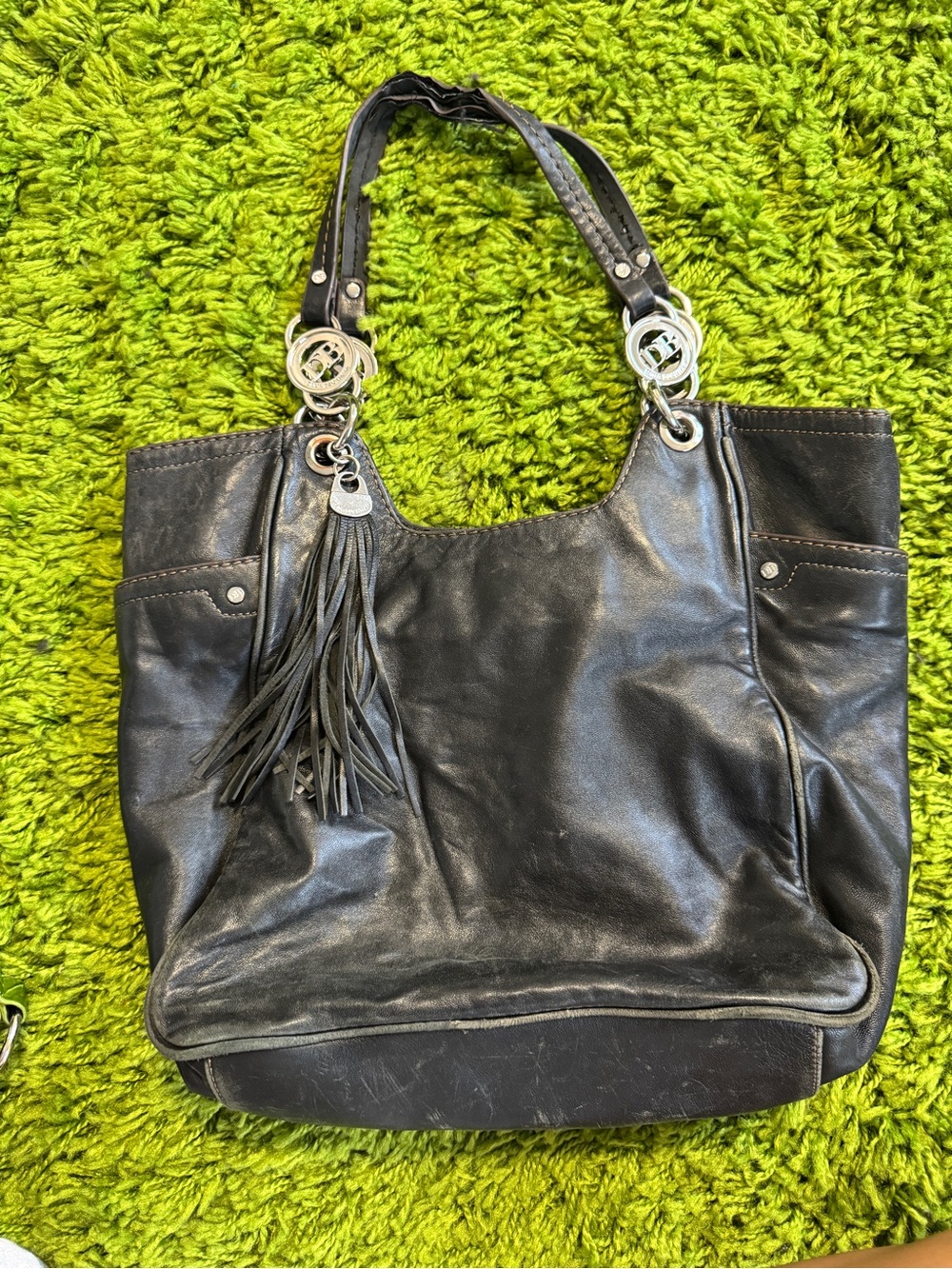 Black Leather Tote Bag with Tassel
